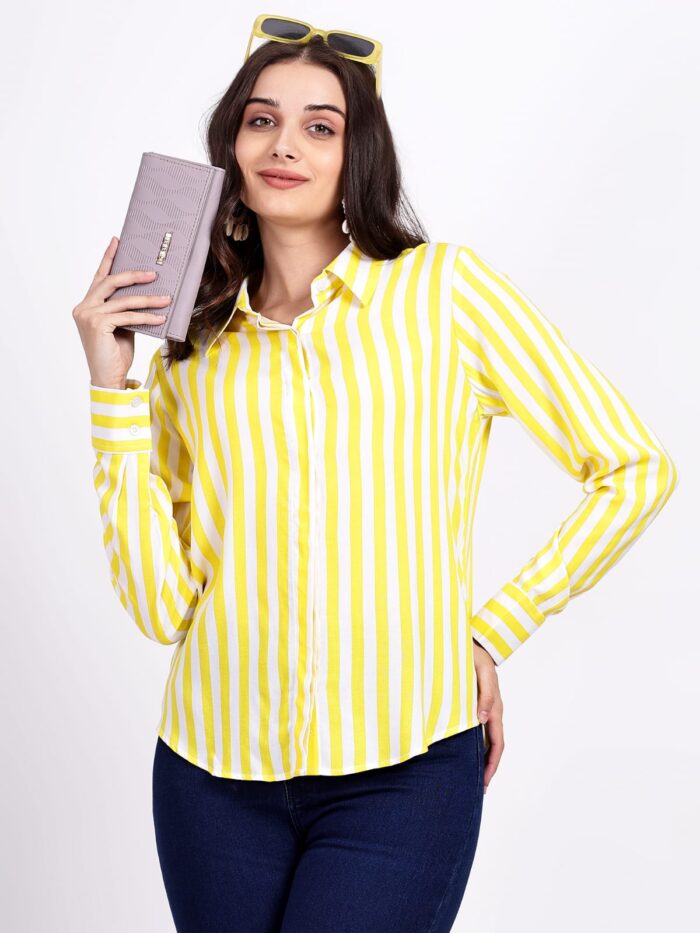 Women Yellow and White Striped Women Shirt - Image 5