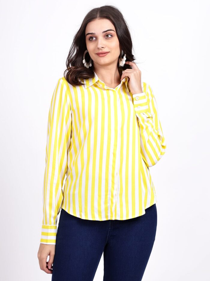 Women Yellow and White Striped Women Shirt - Image 4