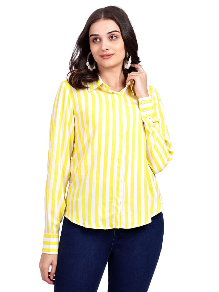 Women Yellow and White Striped Women Shirt - Image 3