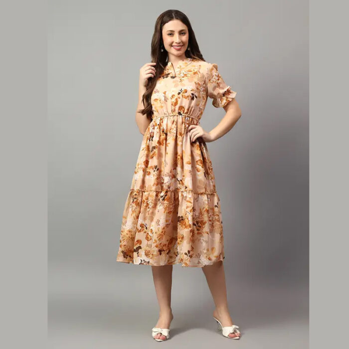 Women Fit and Flare Beige Below Knee Dress