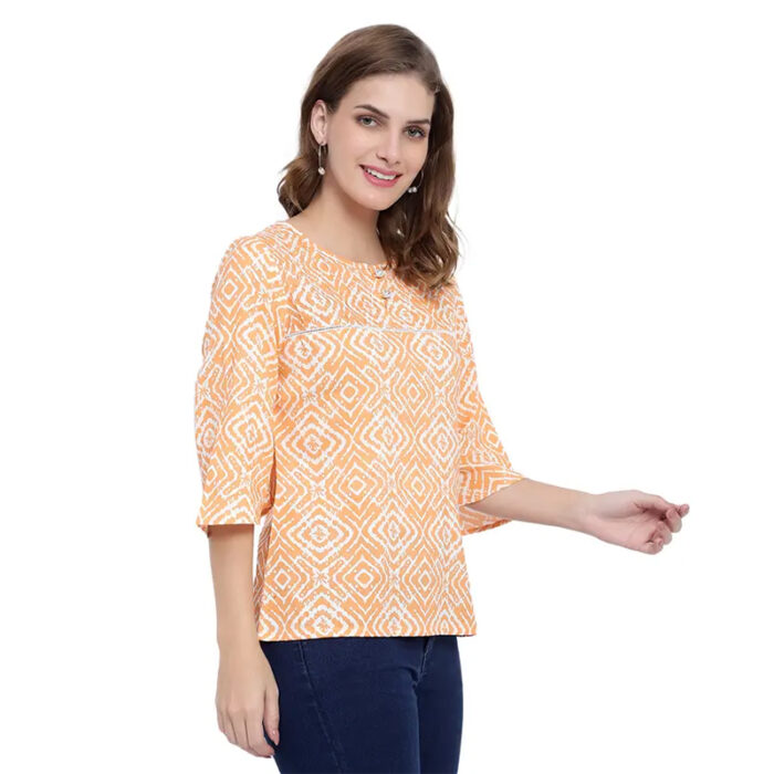 Casual Regular Sleeves Printed Women Orange, White Top
