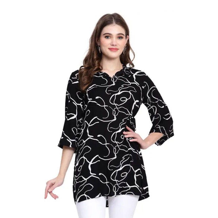 Casual Bell Sleeves Printed Women Black, White Top