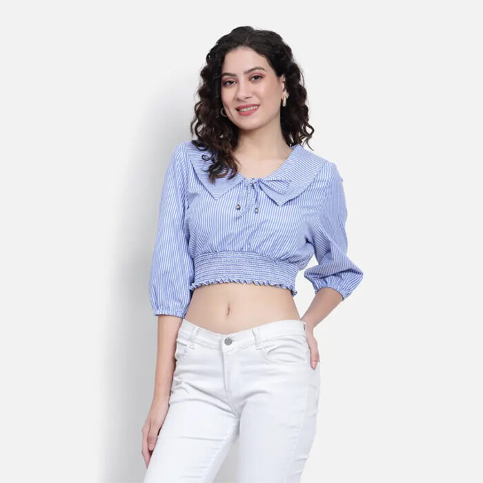 Casual Regular Sleeves Striped Women Blue, White Top
