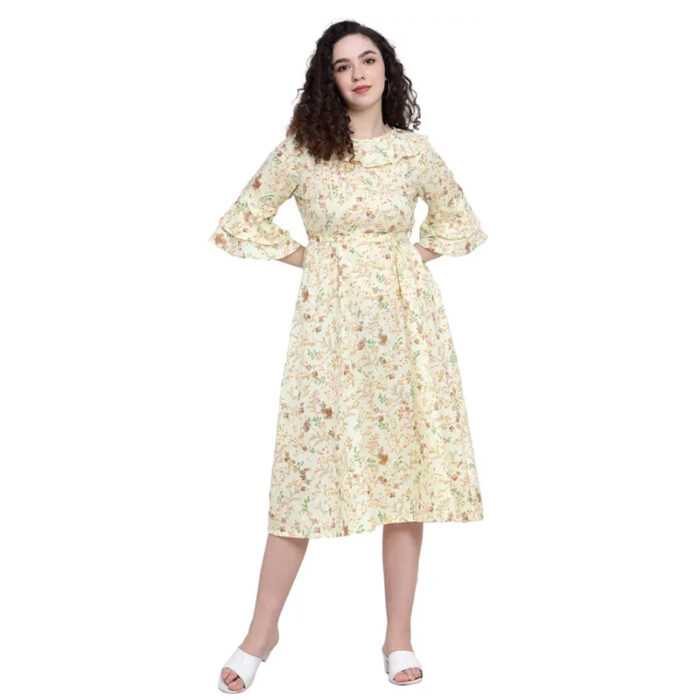 Women Fit and Flare Yellow, Brown, Green Below Knee Dress