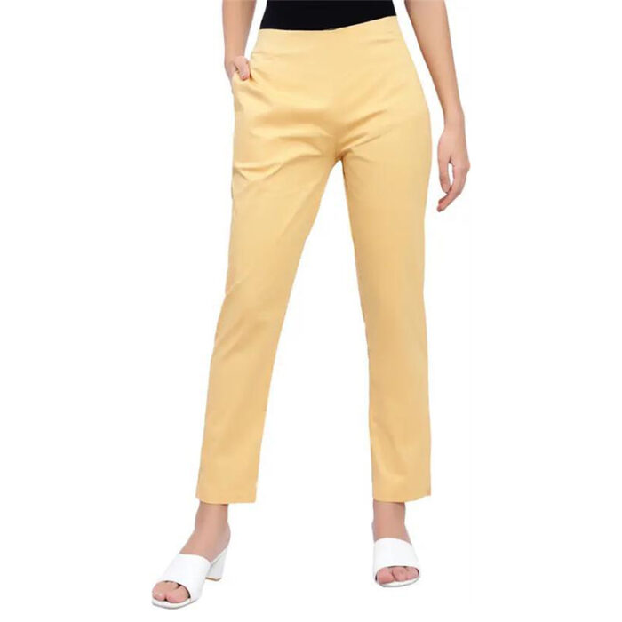 Women Slim Fit Beige Lycra Blend Trousers