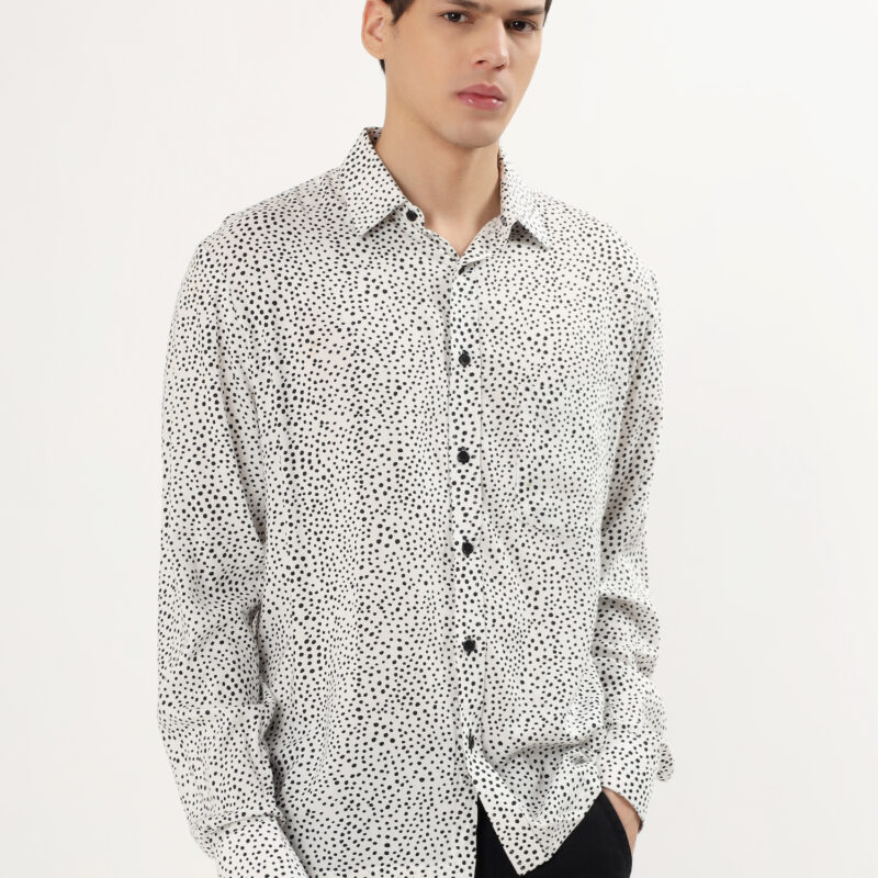 Men Casual Long Sleeve Button-Up Shirt with Speckled Pattern - White and Black| NKSA