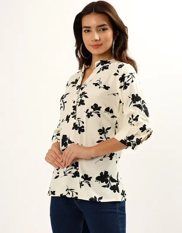Women Floral Print V-Neck Casual Top – Off-White & Black | NKSA