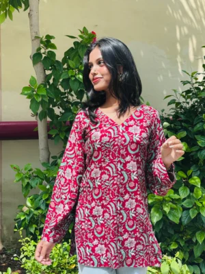NKSA Fashion maroon floral cotton kurti for women