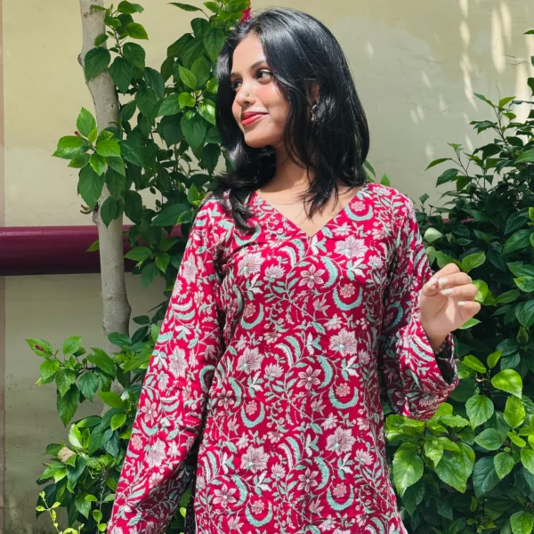 NKSA Fashion maroon floral cotton kurti for women
